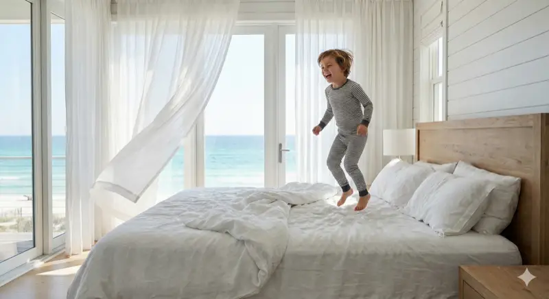 Child jumping on bed